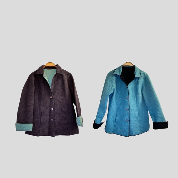 Women’s Jacket L Quilted Reversible Navy Blue Turquoise - Picture 1 of 14